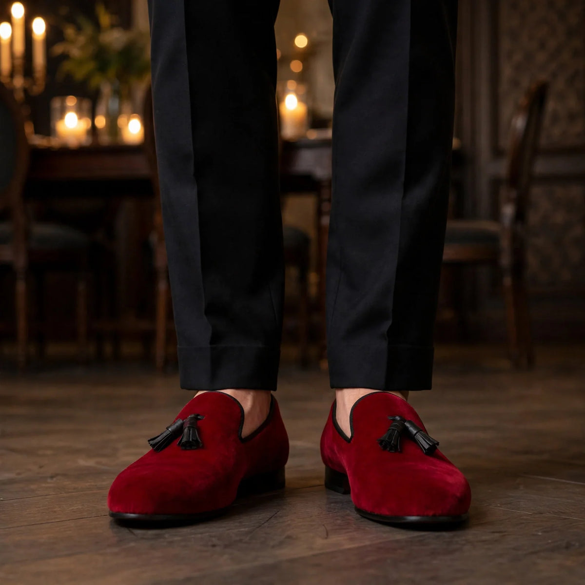 Man wearing deep red velvet tassel slippers with black grosgrain trim at a candlelit evening dinner