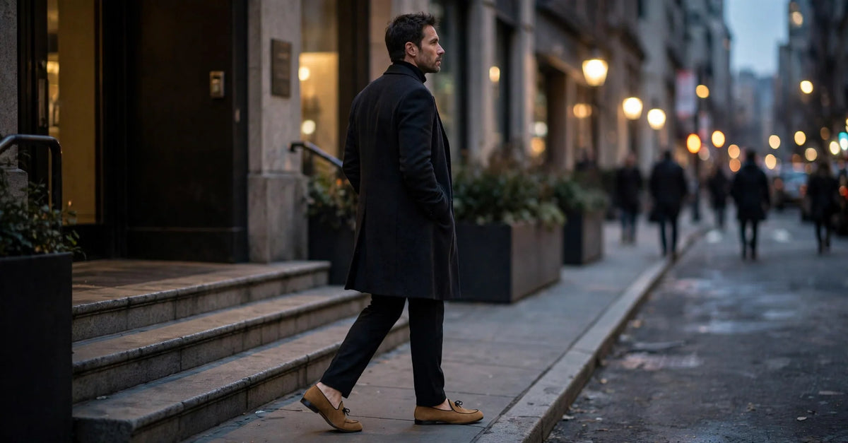 A man in a dark overcoat walking downtown at dusk wearing camel suede Belgian slippers