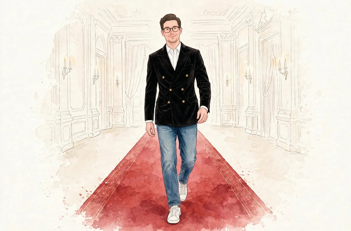 Watercolor illustration of a man in a black velvet dinner jacket with jeans and sneakers on a red carpet