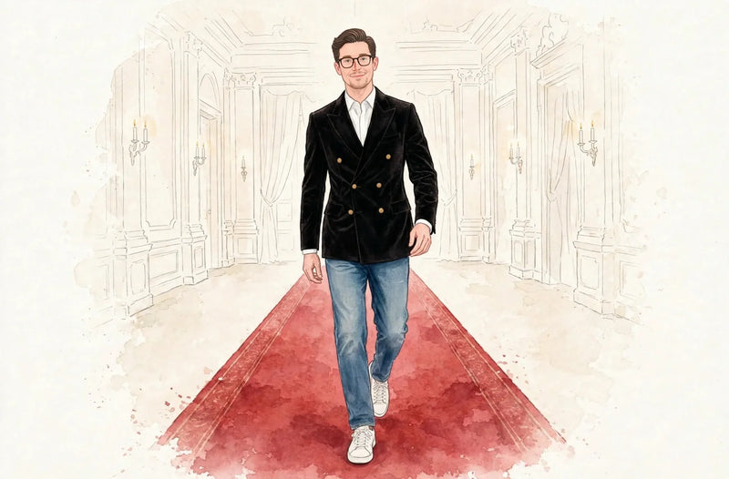 Watercolor illustration of a man in a black velvet dinner jacket with jeans and sneakers on a red carpet