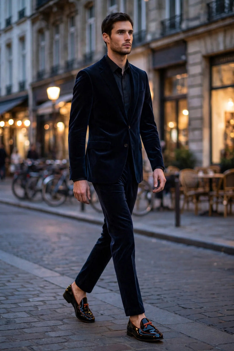 Black patent Belgian slippers worn with a dark velvet suit