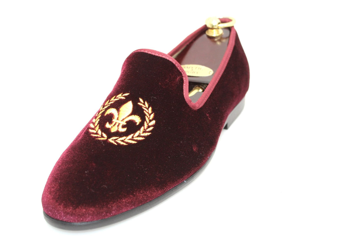 Smythe & Digby Men's Albert Slippers Fleur de Lis Embroidered Burgundy Velvet Loafers