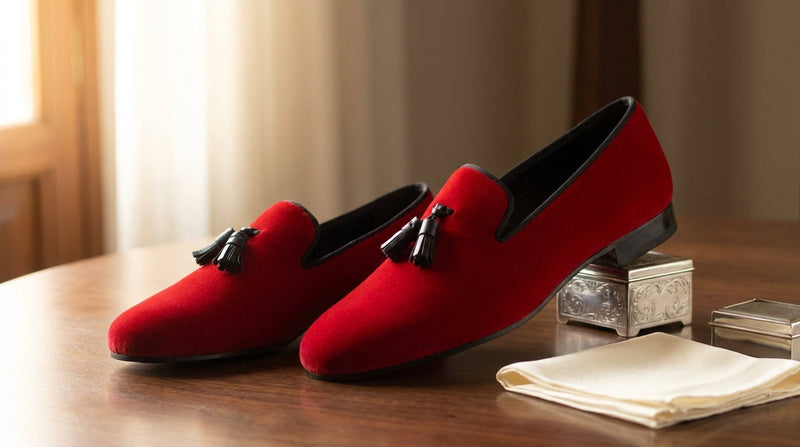 Red velvet tassel slippers for a groom and groomsmen, made to order in Spain