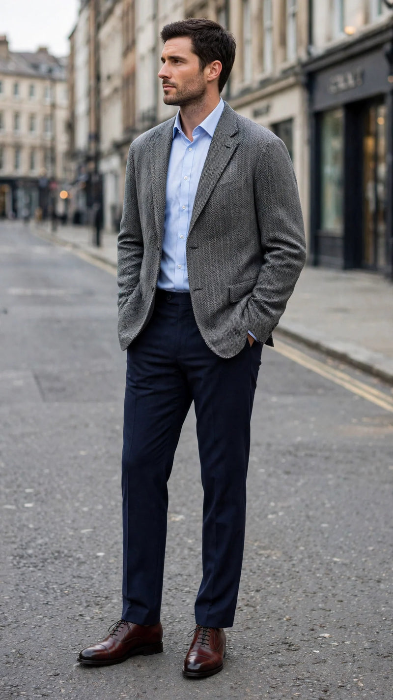 Burgundy patina cap-toe Oxfords worn with a grey herringbone sports jacket and navy dress trousers