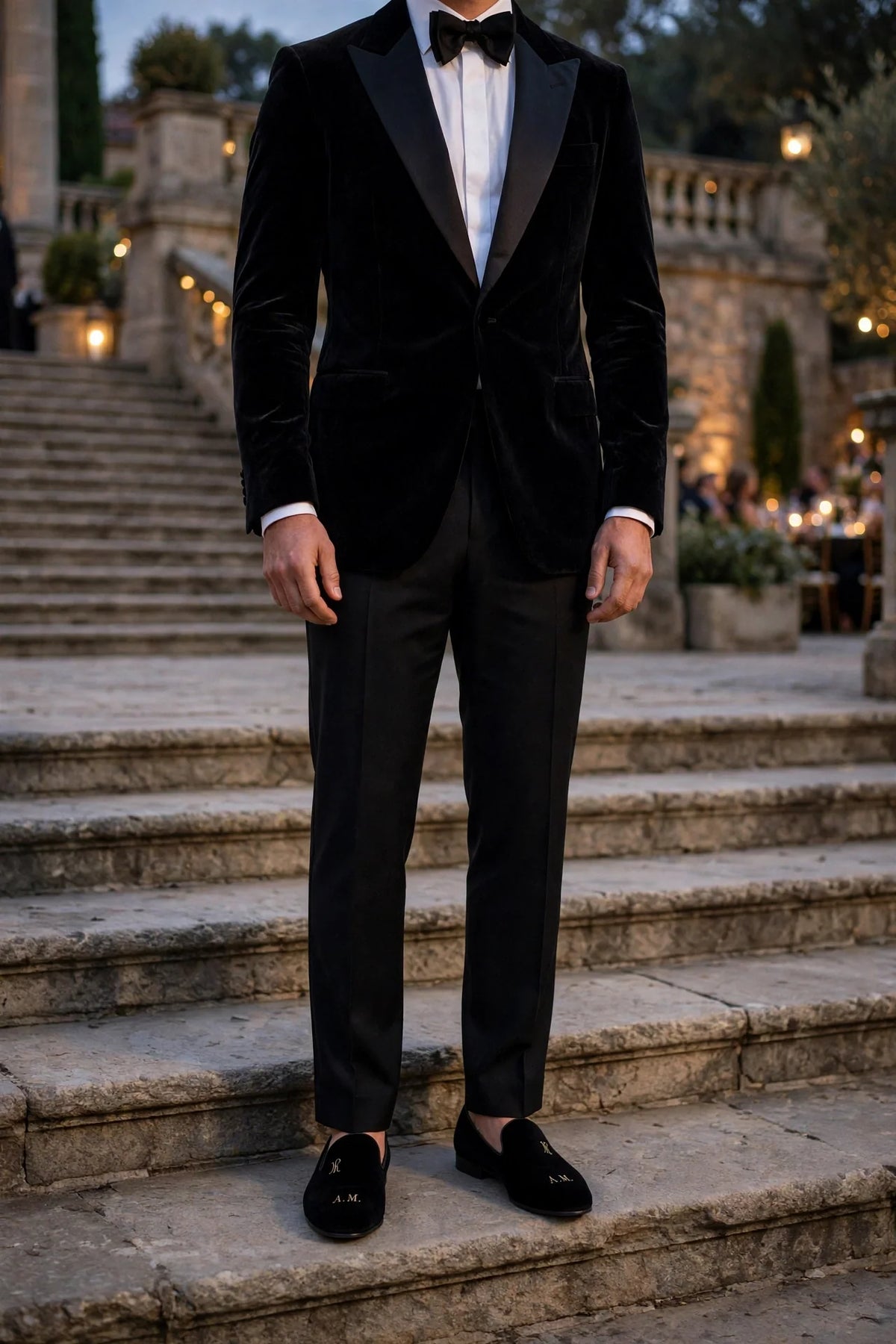 Black velvet Albert slippers with a gold monogram worn with a black velvet dinner jacket