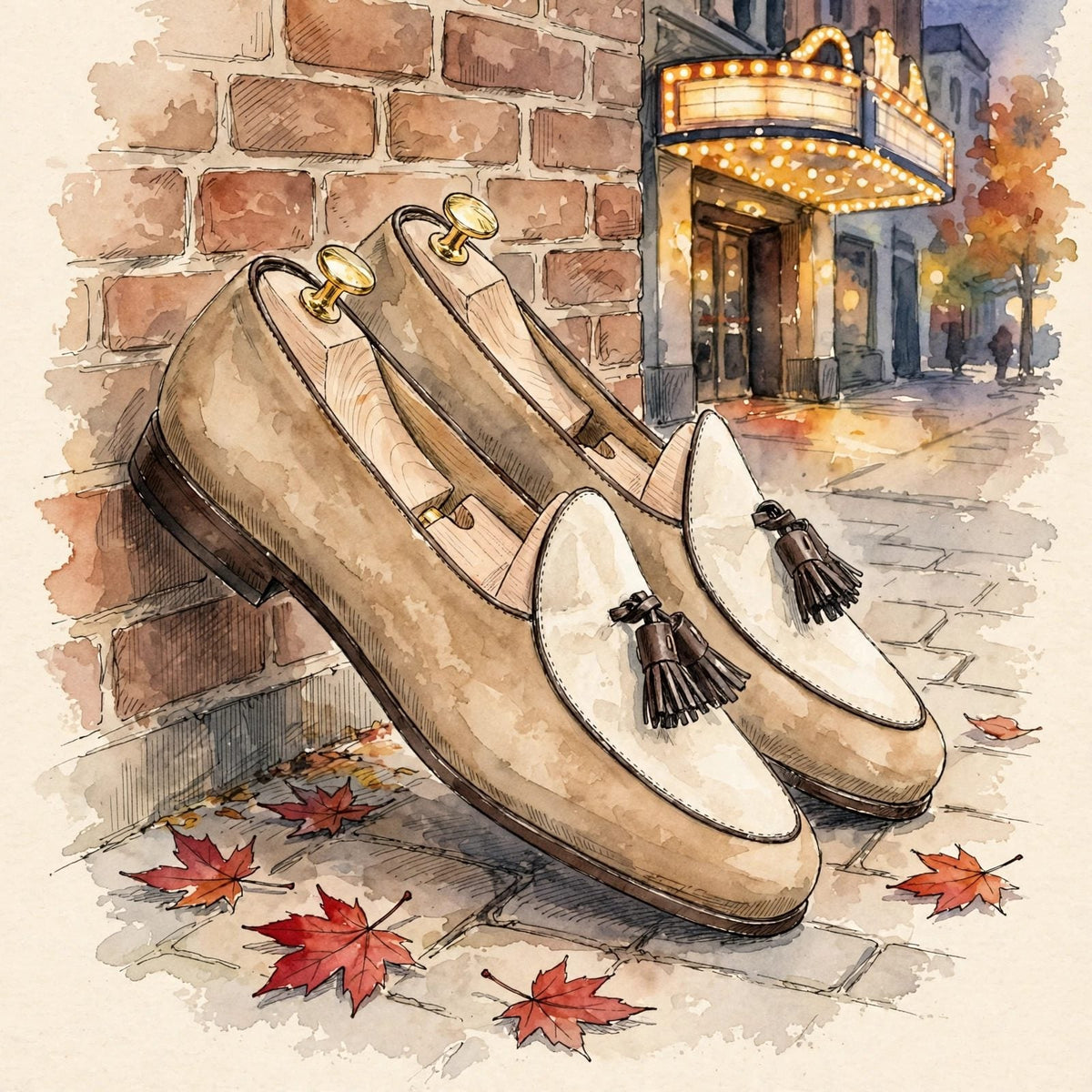 Watercolor illustration of a camel suede Belgian slipper with ivory suede vamp and dark brown tassels outside a cinema marquee