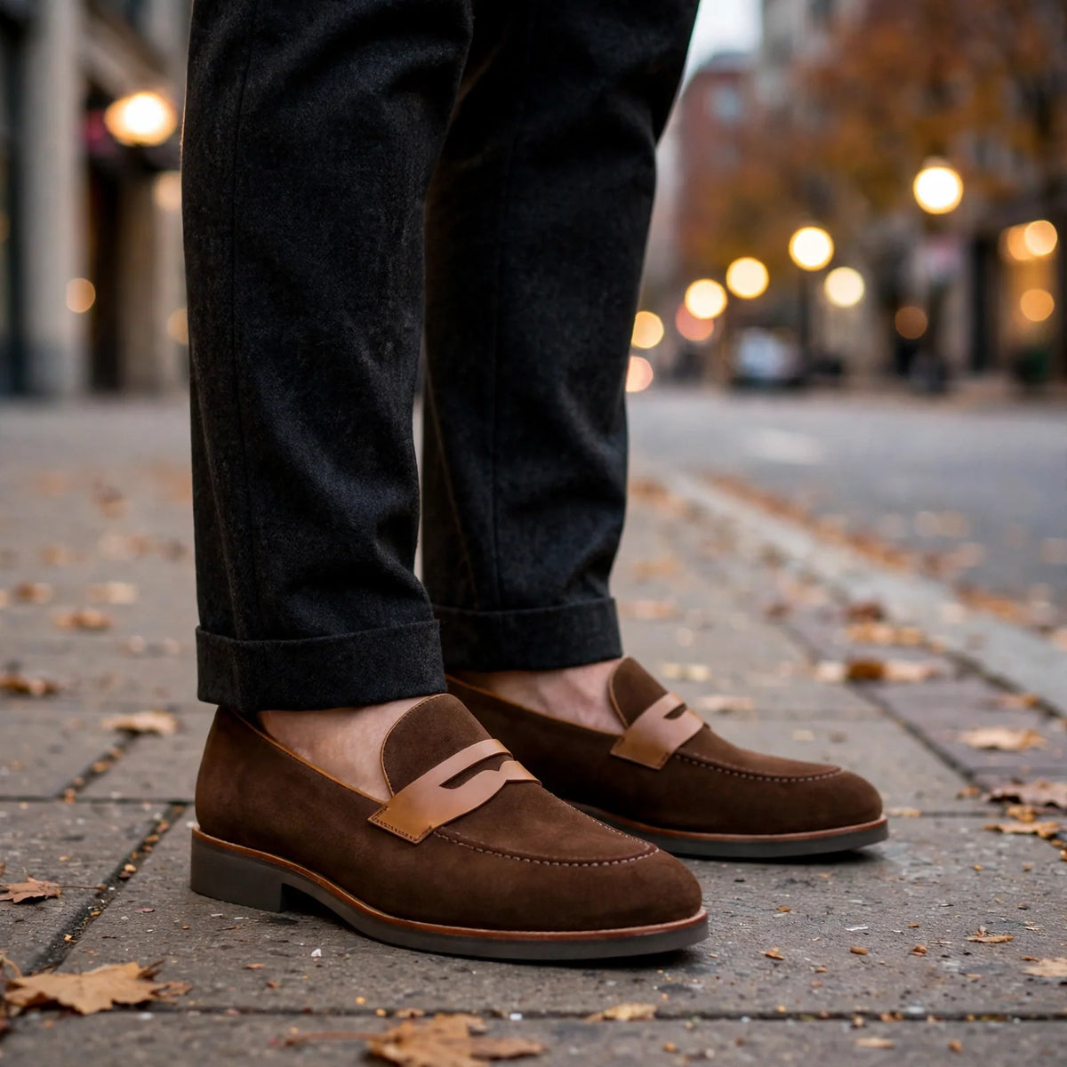 Brown suede penny loafers with a cognac leather strap worn with dark wool trousers