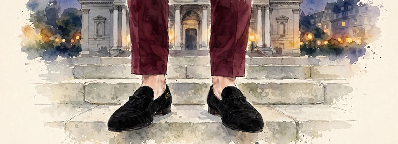 Black velvet Belgian slippers with gold monogram worn with burgundy trousers on stone steps at dusk, watercolor editorial illustration