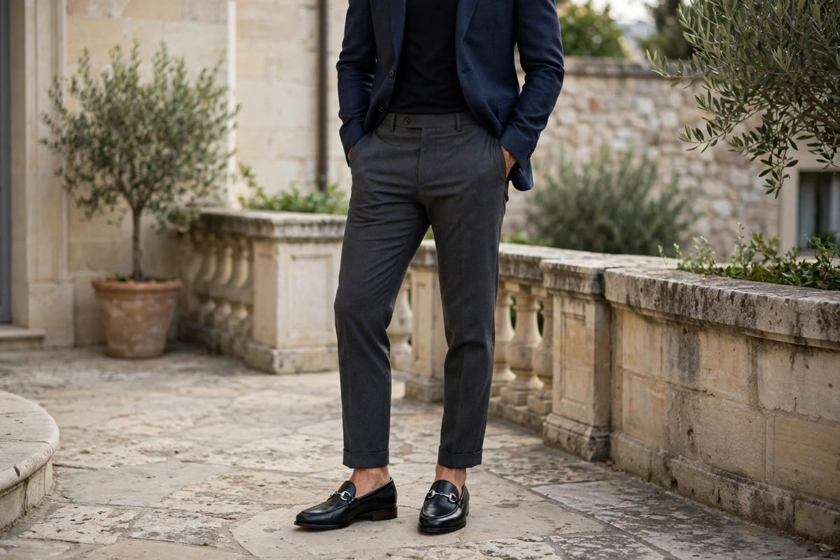 Black leather horsebit loafers with silver metal bit, worn by a model in charcoal tailoring on a stone terrace