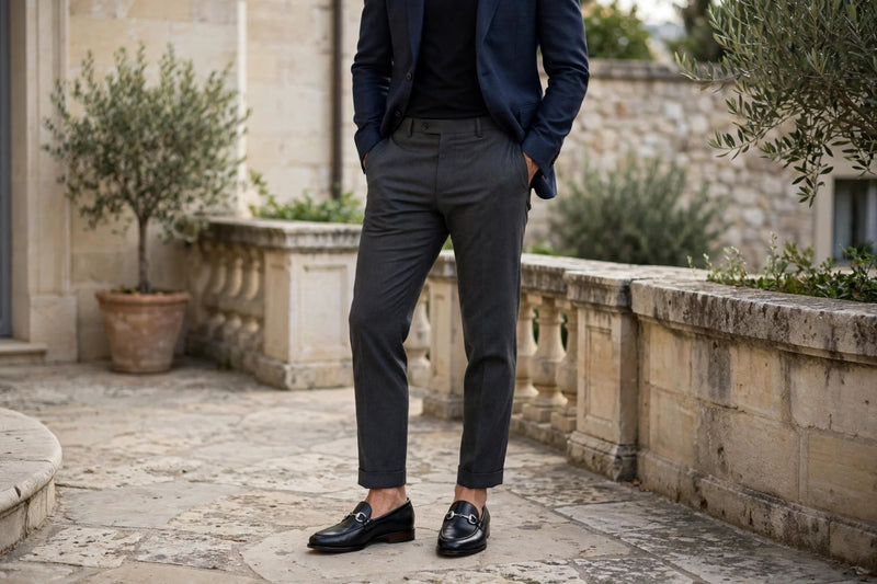Black leather horsebit loafers with silver metal bit, worn by a model in charcoal tailoring on a stone terrace