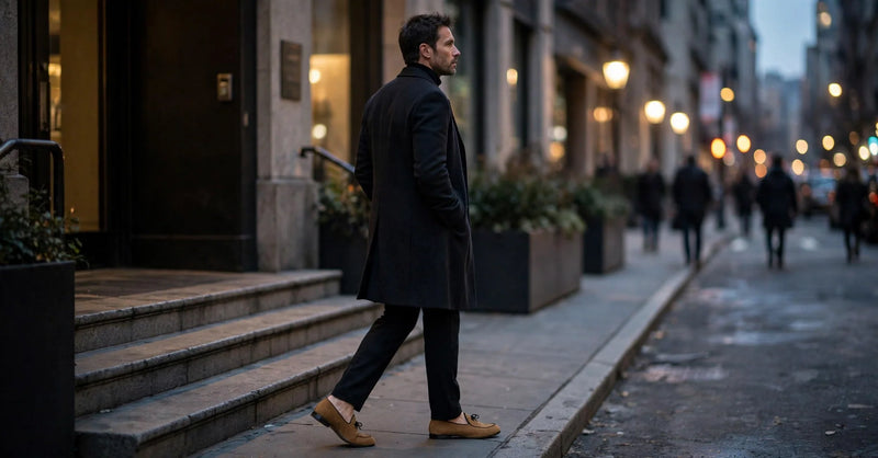 A man in a dark overcoat walking downtown at dusk wearing camel suede Belgian slippers
