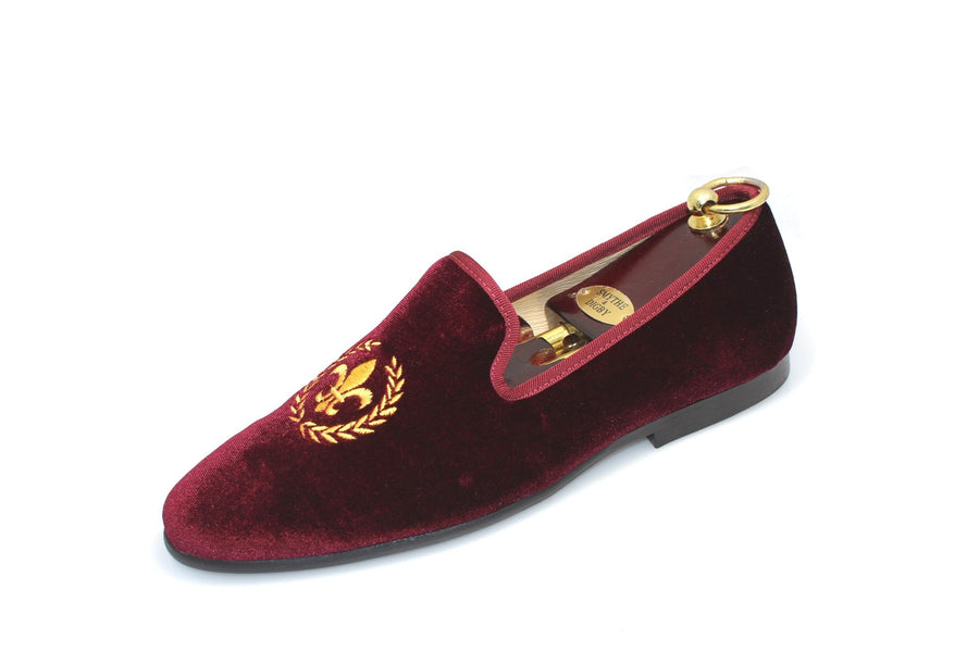 Smythe & Digby Men's Albert Slippers Fleur de Lis Embroidered Burgundy Velvet Loafers