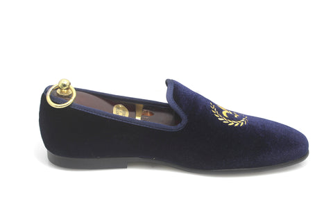 Navy Blue Men's Albert Slipper Leather Velvet Loafer Fleur De Lis Motif