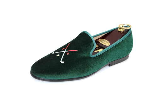 Smythe & Digby Men's Embroidered Velvet Slippers Golf Motif