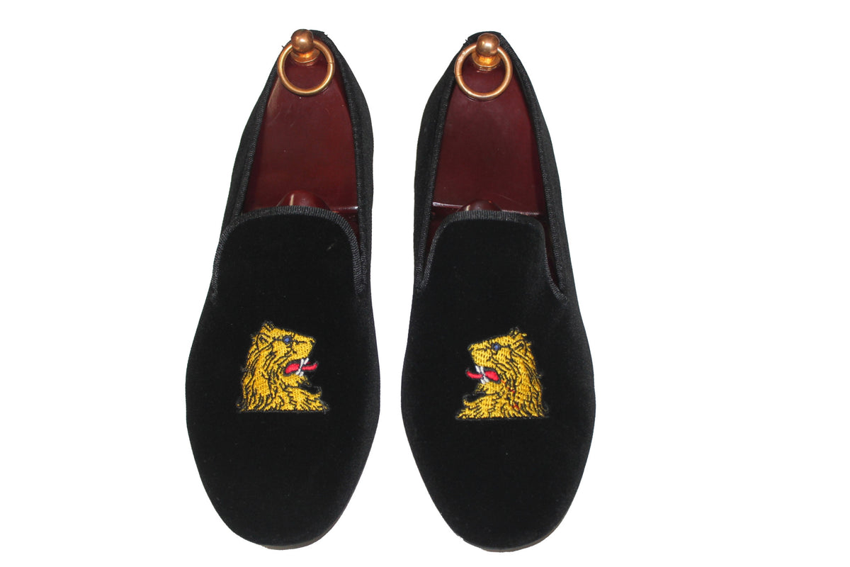 Black Velvet Loafers Embroidered Lions Head Motif