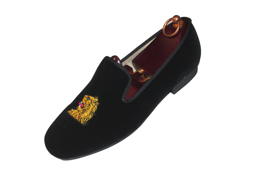 Black Velvet Loafers Embroidered Lions Head Motif
