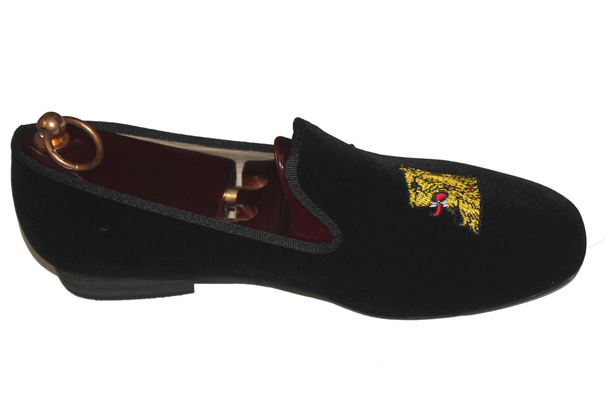 Black Velvet Loafers Embroidered Lions Head Motif
