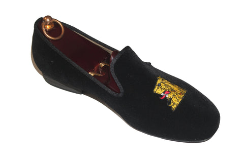 Black Velvet Loafers Embroidered Lions Head Motif