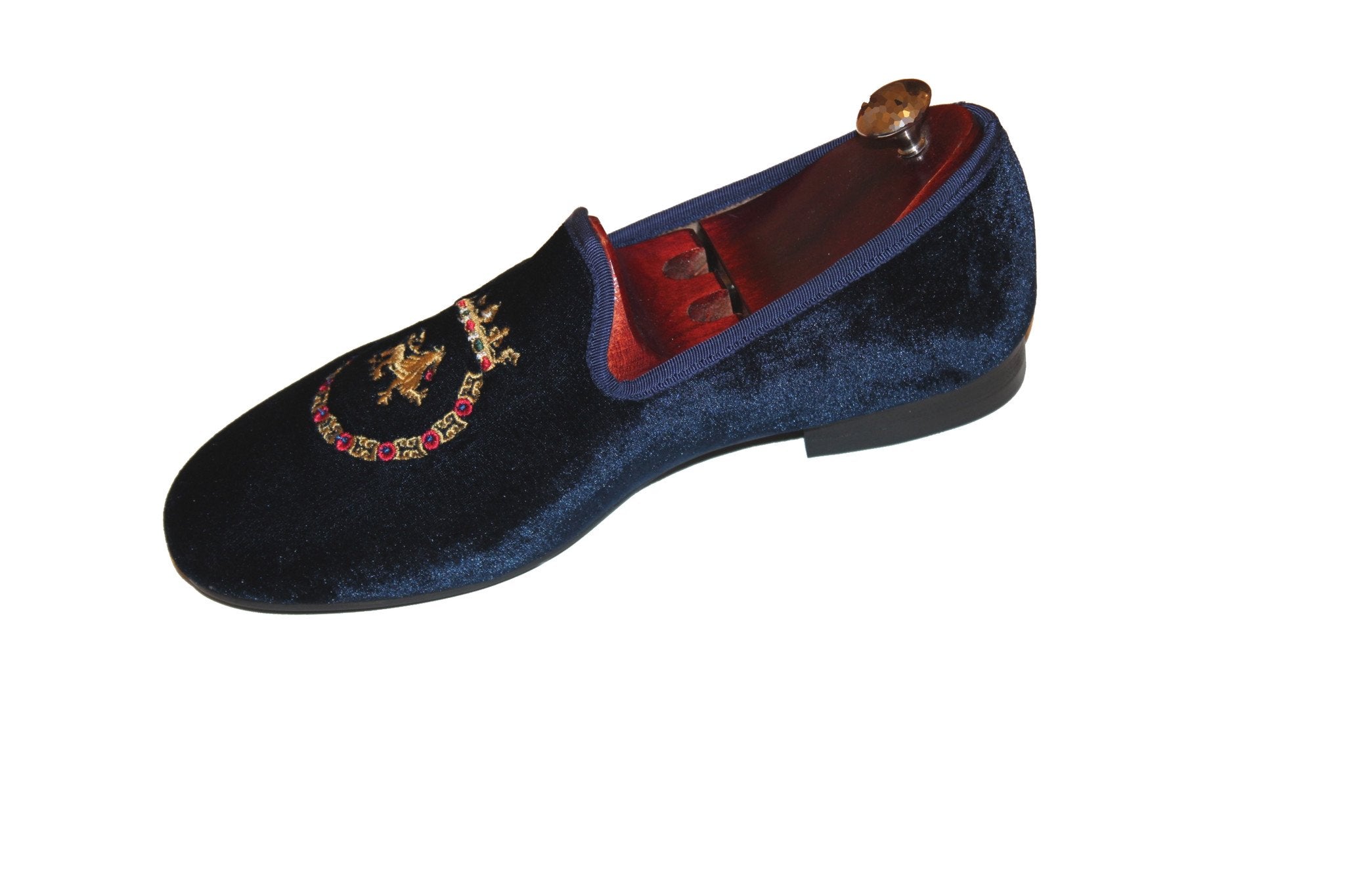 Navy Blue Albert Velvet Slippers Leather Loafers King Crest