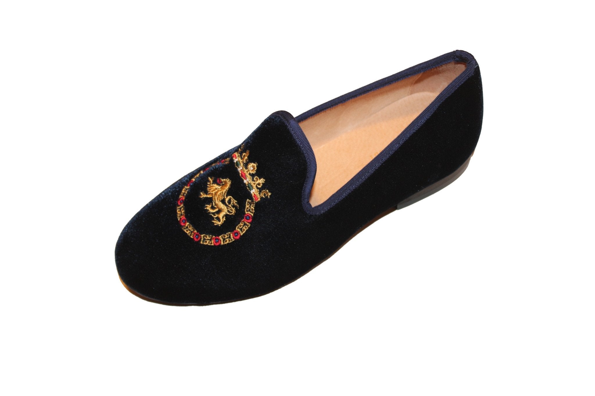 Navy Blue Albert Velvet Slippers Leather Loafers King Crest