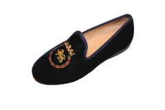 Navy Blue Albert Velvet Slippers Leather Loafers King Crest