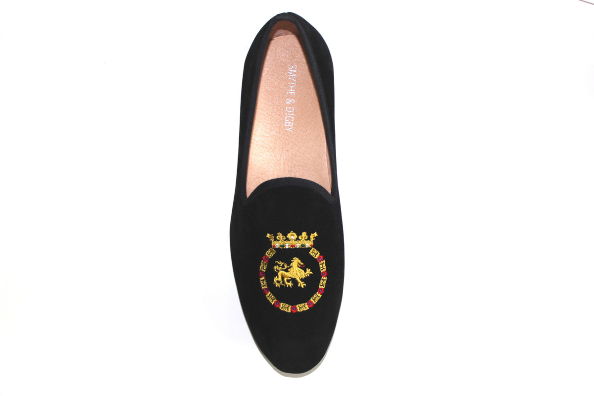 Black Velvet Loafers Kings Crest Motif