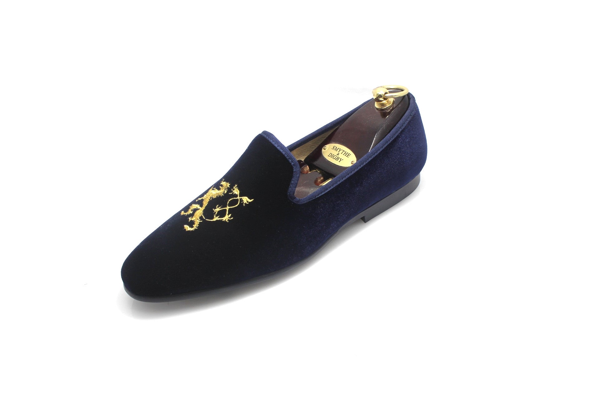 Navy Blue Men's Albert Slipper Leather Velvet Loafer Rampant Motif