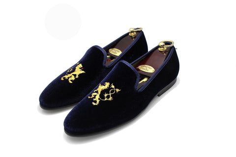 Navy Blue Men's Albert Slipper Leather Velvet Loafer Rampant Motif