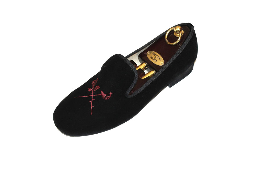 S&D Black Velvet Slippers Albert Loafers Rose and Sword Embroidered Motif