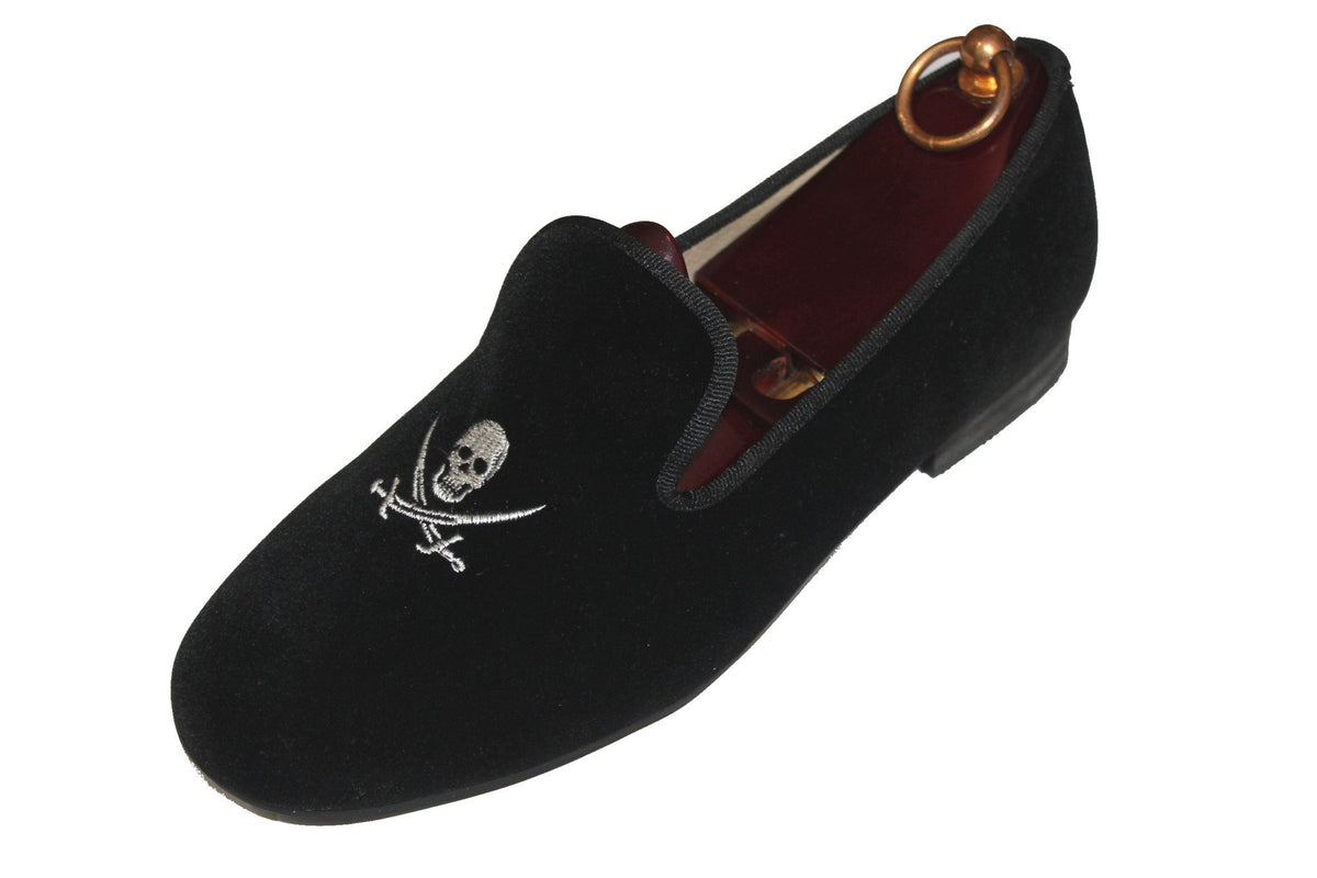 Black Velvet Loafers Skull and Swords Pirate Motif.