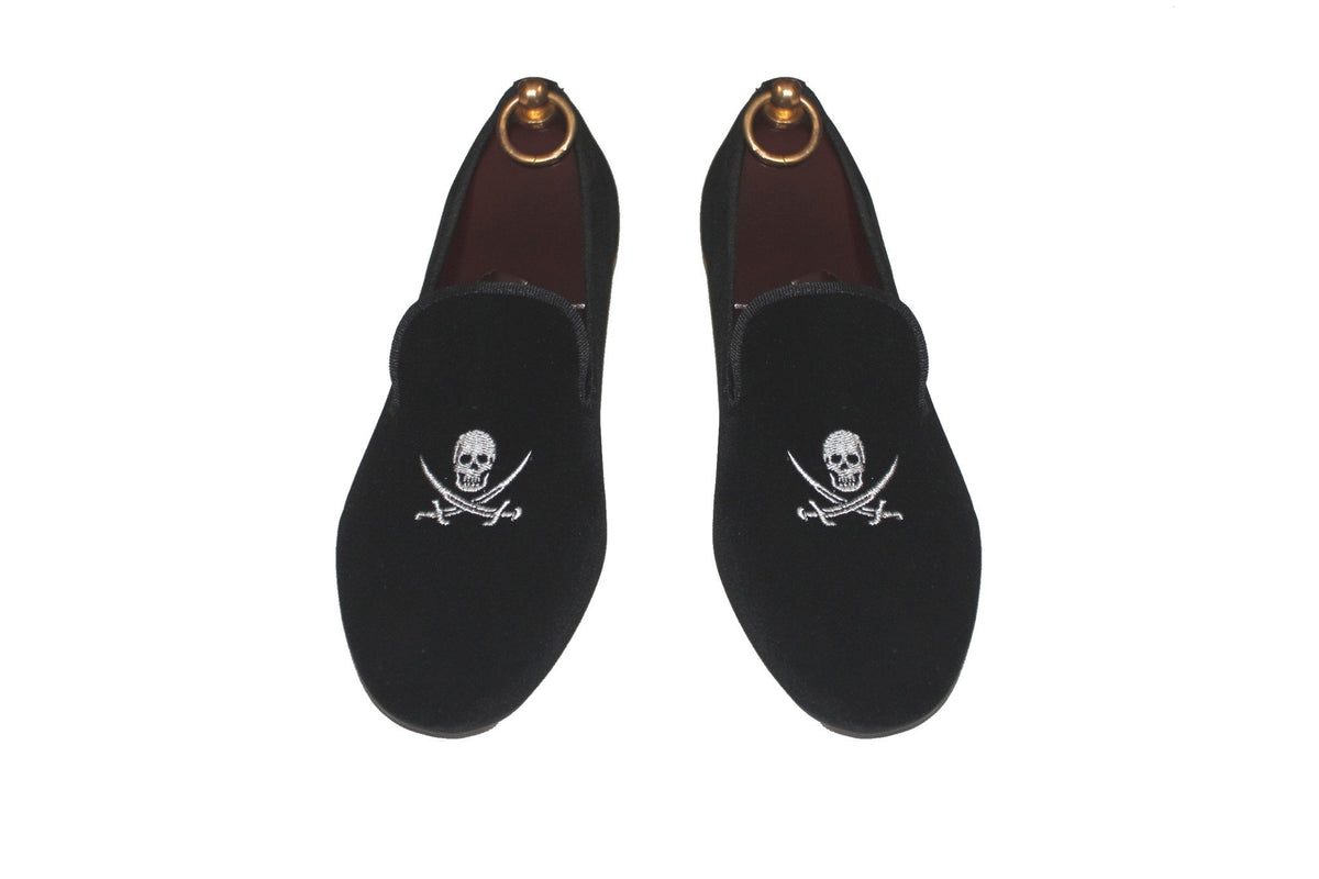 Black Velvet Loafers Skull and Swords Pirate Motif.