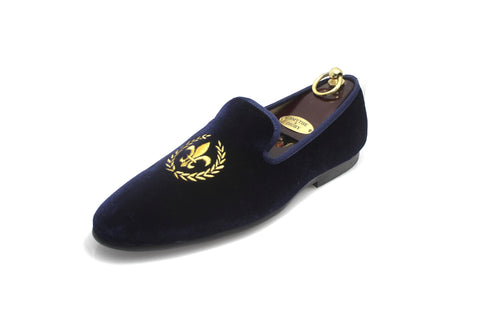 Navy Blue Men's Albert Slipper Leather Velvet Loafer Fleur De Lis Motif