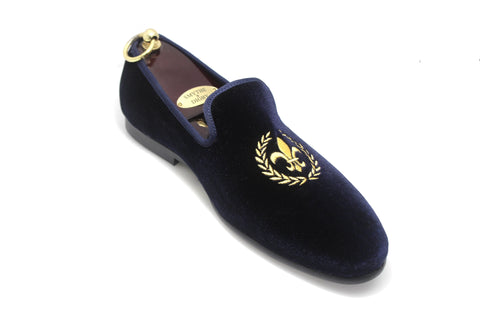 Navy Blue Men's Albert Slipper Leather Velvet Loafer Fleur De Lis Motif