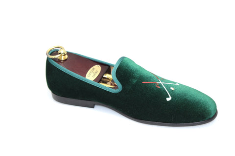 Smythe & Digby Men's Embroidered Velvet Slippers Golf Motif