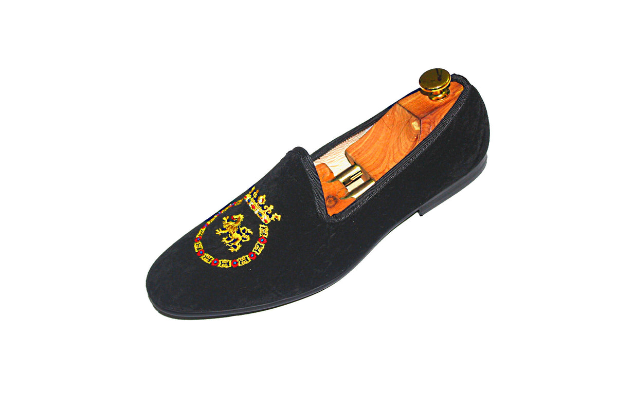 Black Velvet Loafers Kings Crest Motif