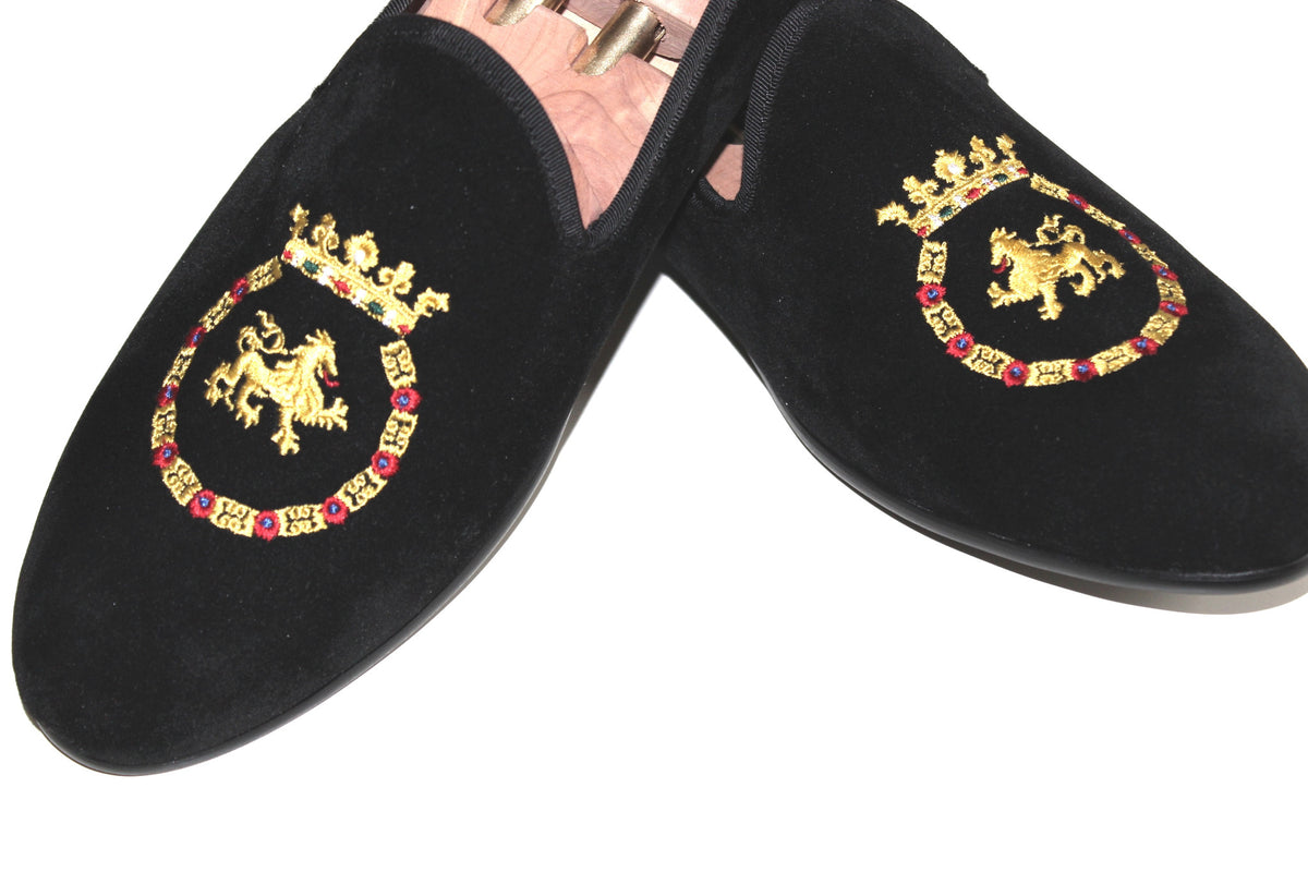 Black Velvet Loafers Kings Crest Motif