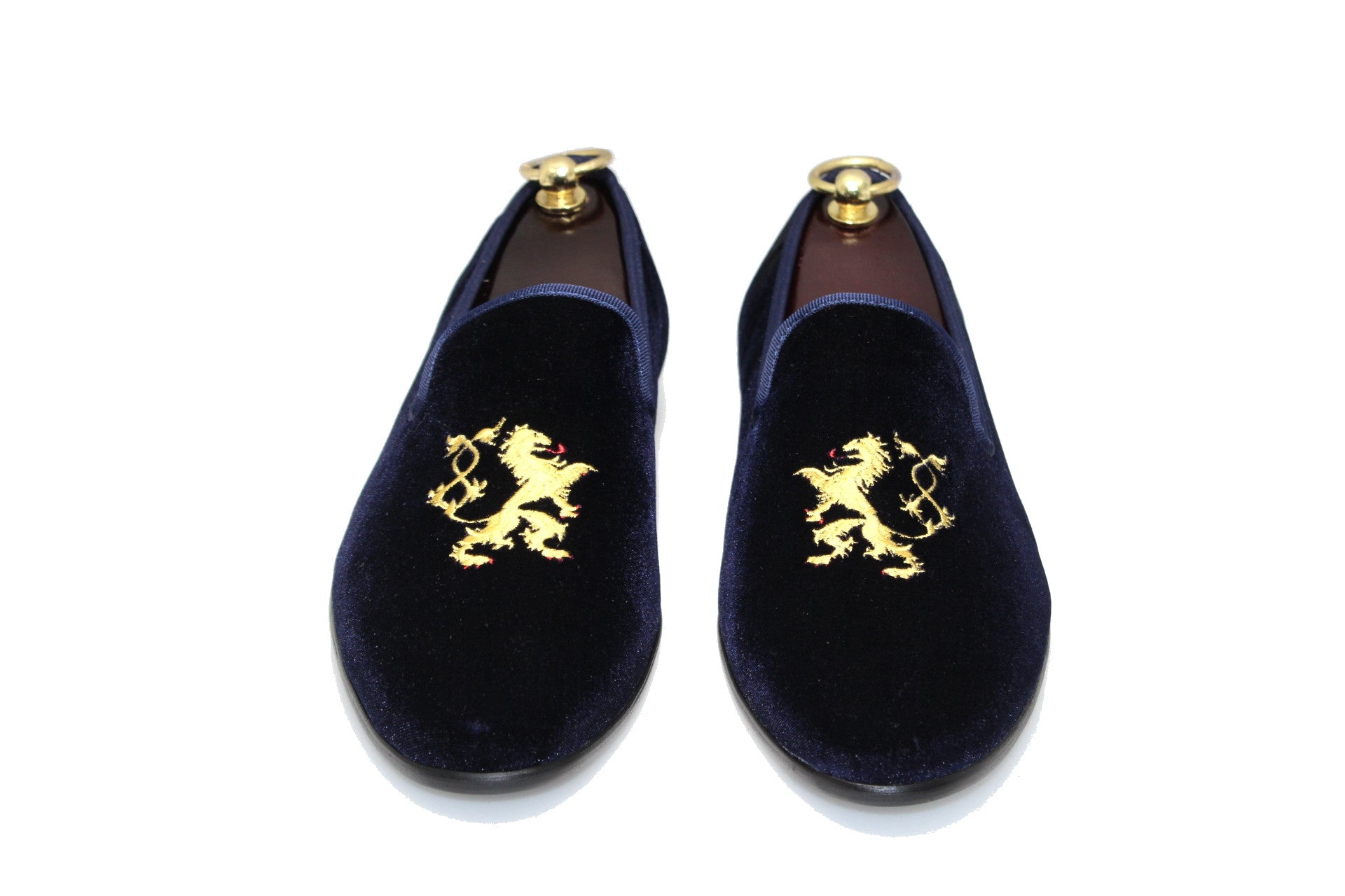 Navy Blue Men's Albert Slipper Leather Velvet Loafer Rampant Motif