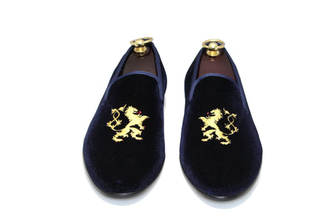 Navy Blue Men's Albert Slipper Leather Velvet Loafer Rampant Motif