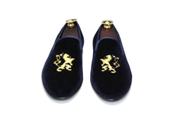Navy Blue Men's Albert Slipper Leather Velvet Loafer Rampant Motif