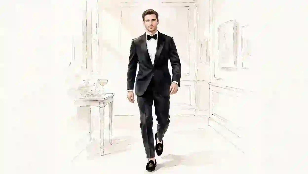 Groom walking to his wedding in black velvet loafers