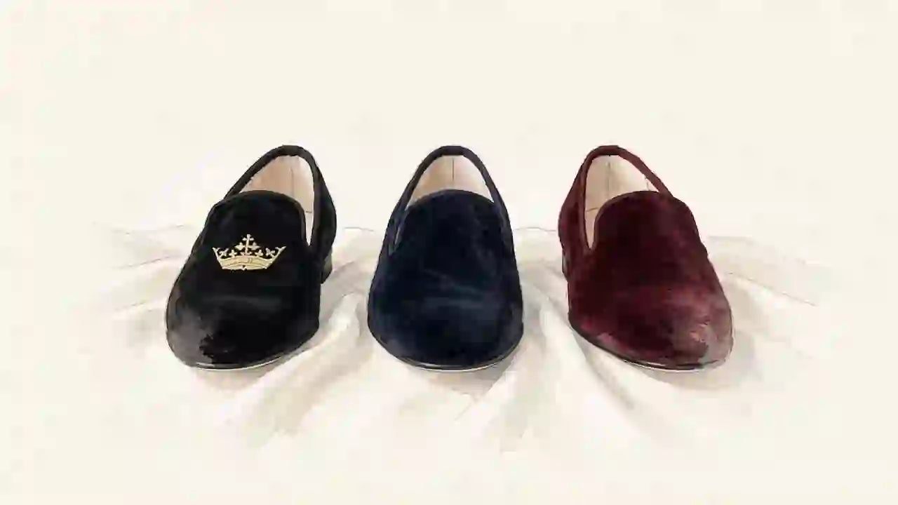 Black, navy and burgundy velvet wedding loafers for men