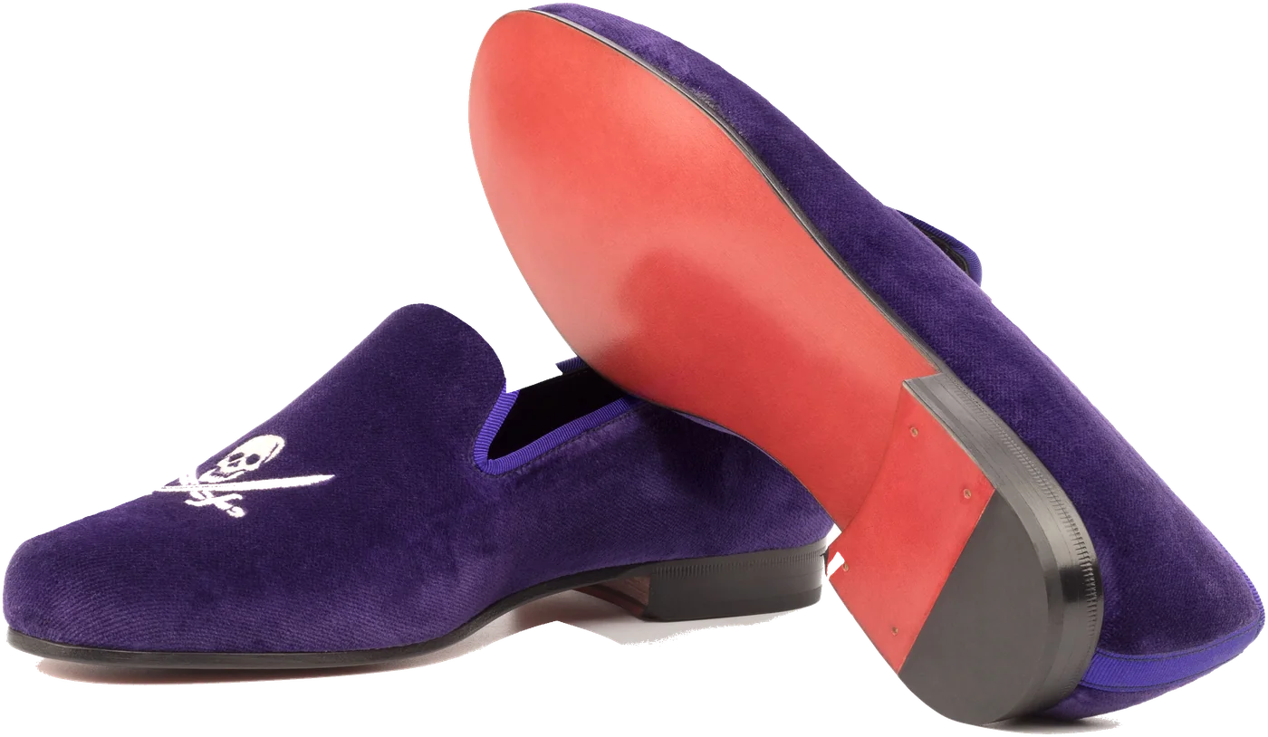 Purple velvet wedding loafers with white embroidery and red leather soles