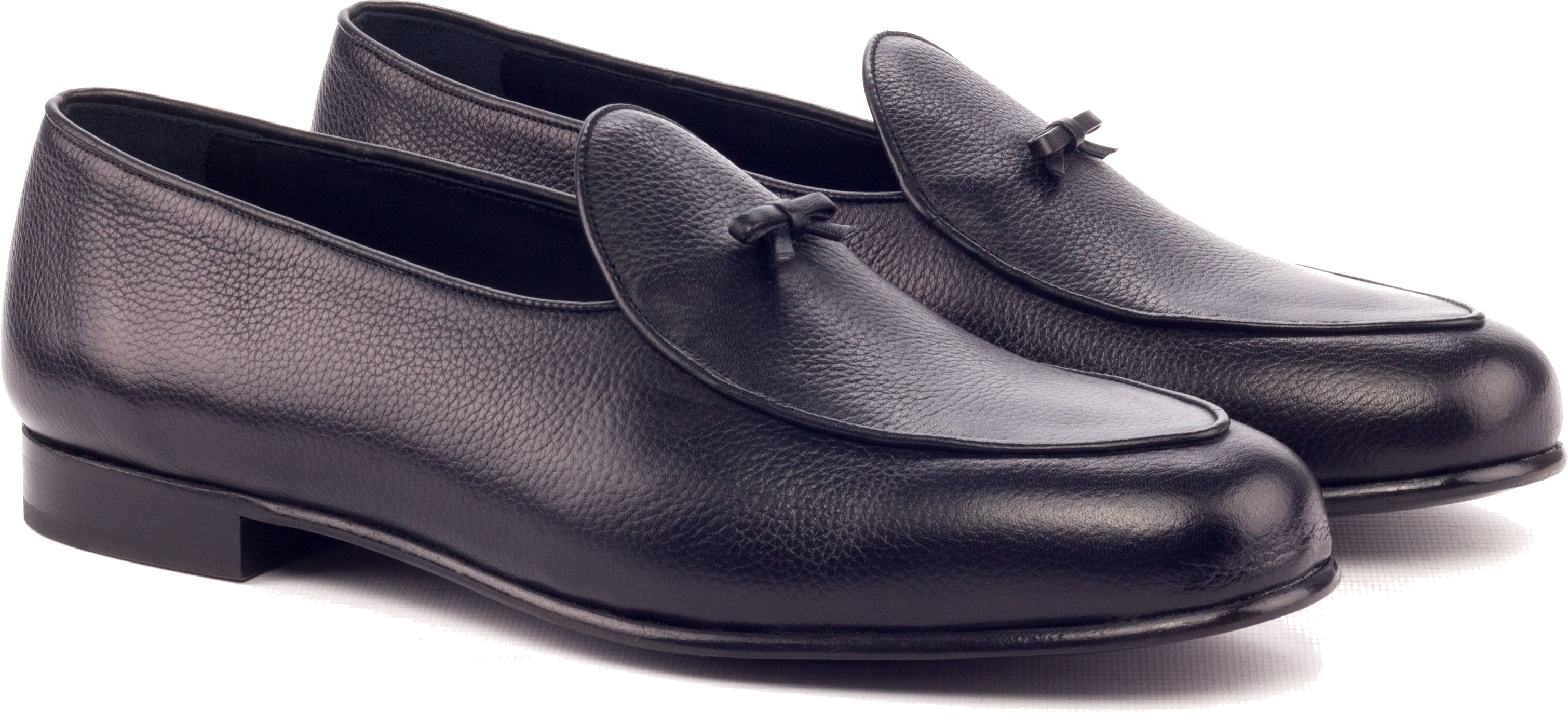 Black pebble-grain leather Belgian loafer with piped collar and minimalist bow