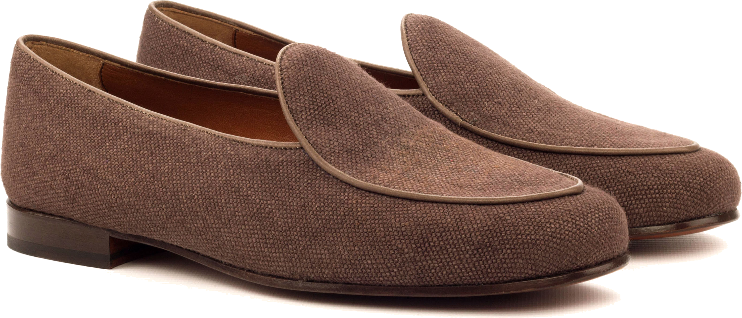 Cocoa brown hopsack woven fabric Belgian slipper with tonal leather piping