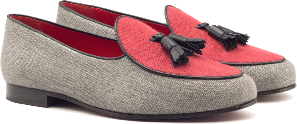 Two-tone gray and burgundy leather tassel loafer profile
