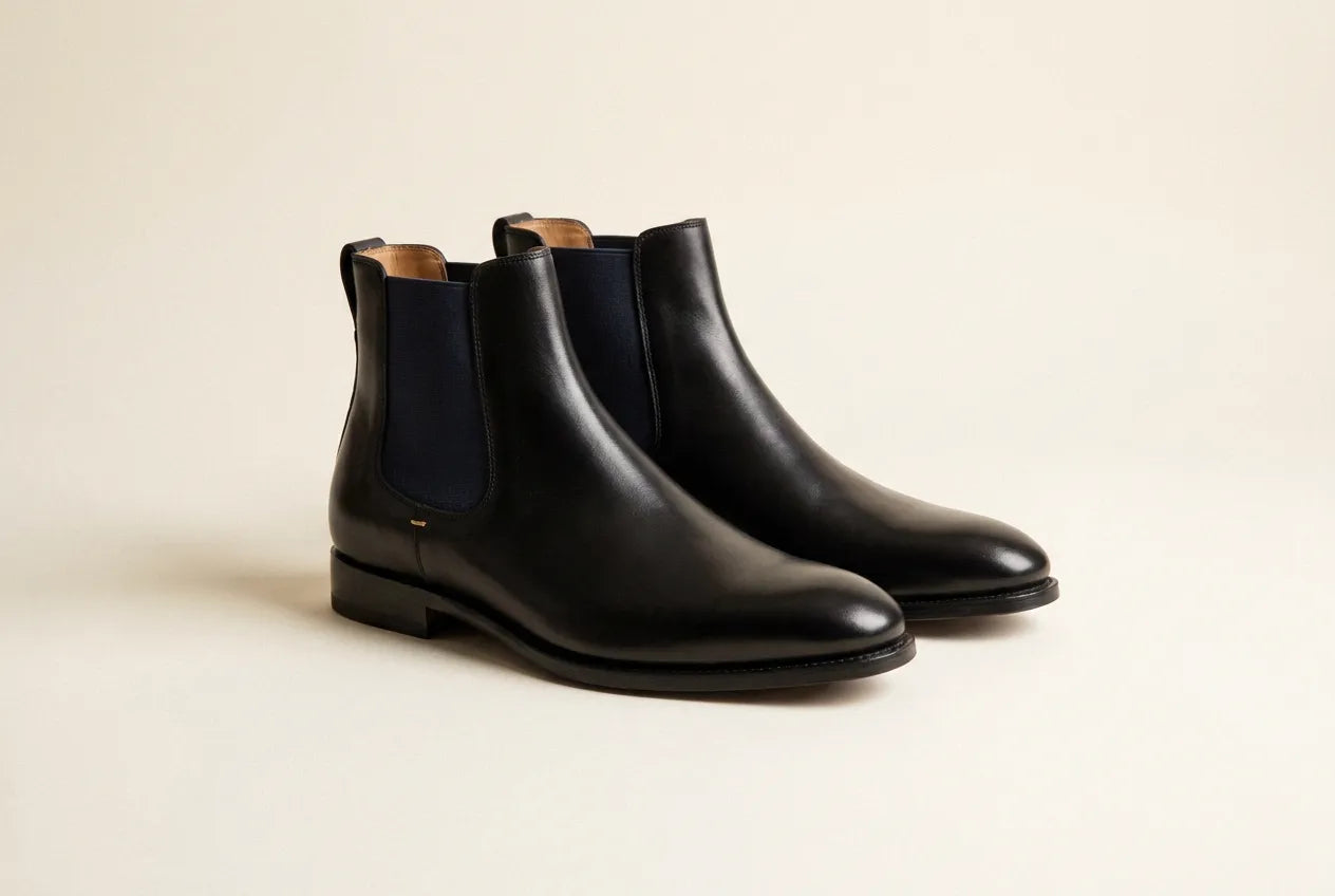 Pair of black full-grain calfskin Chelsea boots on warm ivory