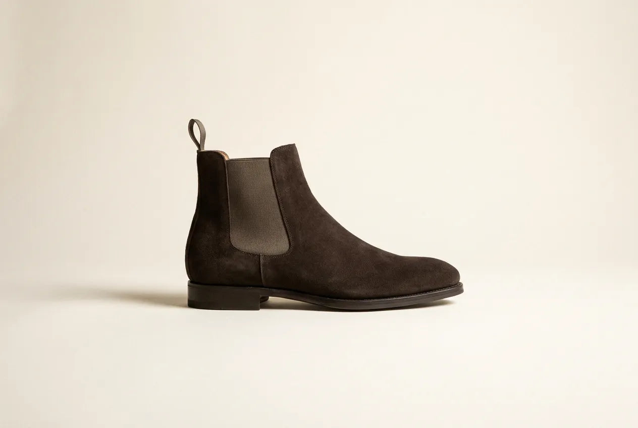 Dark brown suede Chelsea boot profile