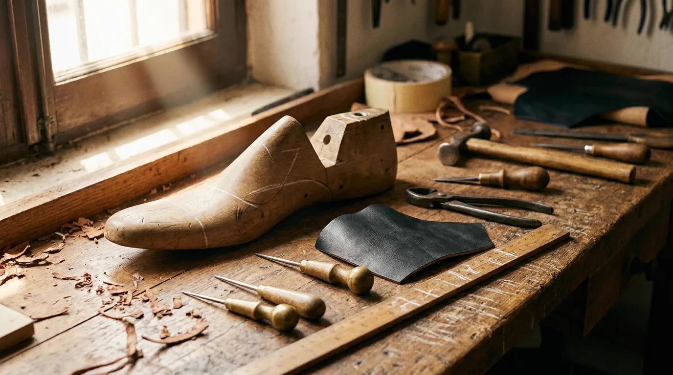 An unusually long shoemaker's last on a Spanish workbench beside brass tools and black calfskin