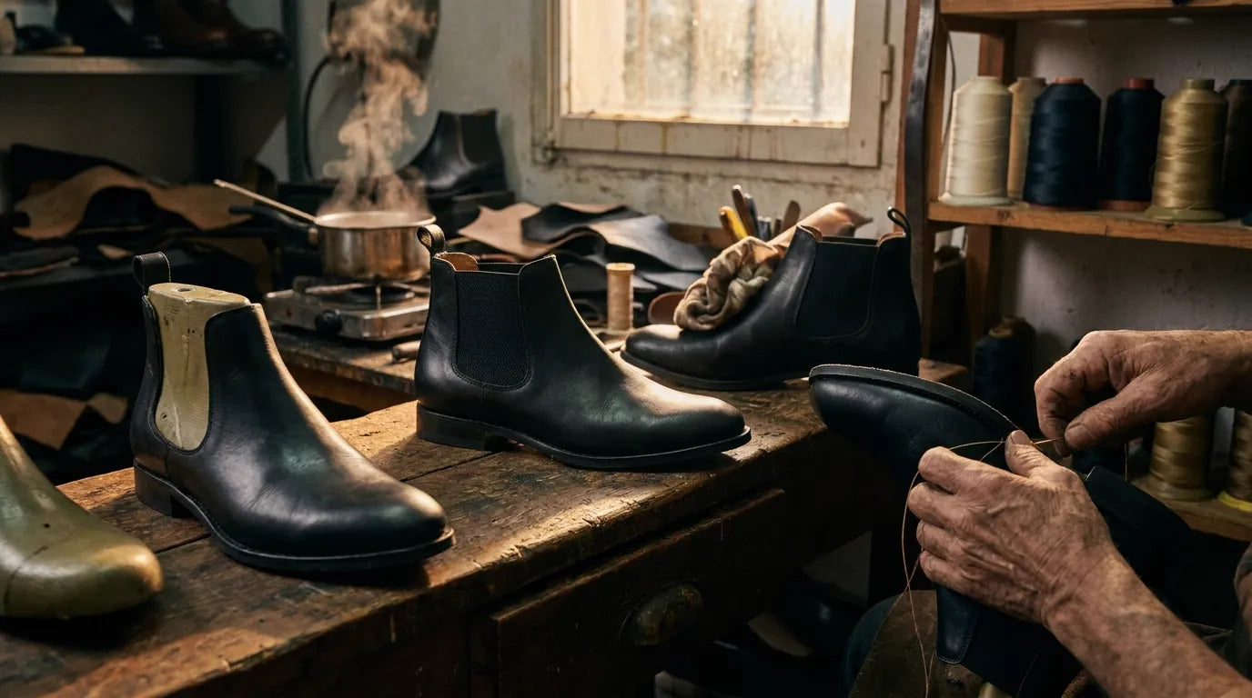 Spanish workshop at dawn with half-finished Chelsea boots on the bench, artisan hands stitching a gusset