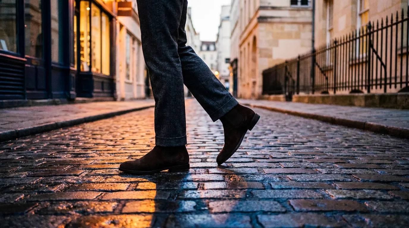 Tall man in charcoal flannel trousers walking cobblestones at golden hour in brown suede Chelsea boots